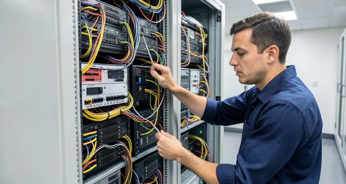 IT technician checking network switches in a data centre