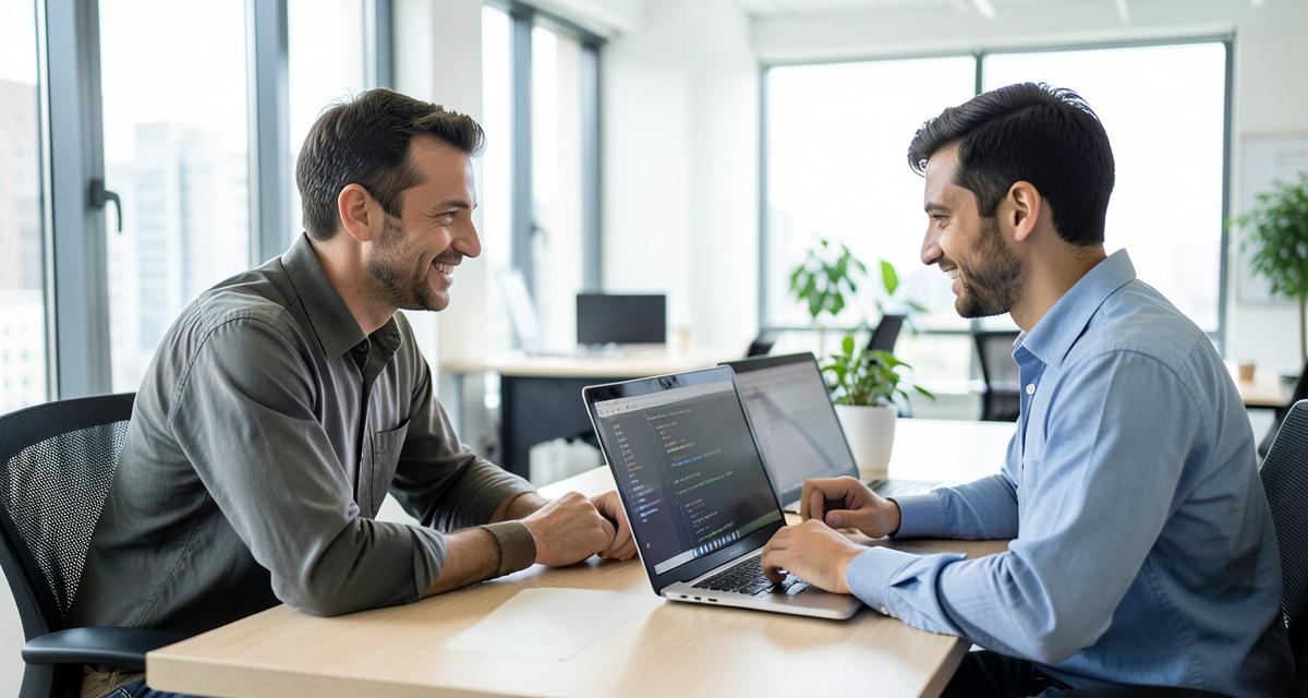 Two engineers collaborating on code at a bright office desk