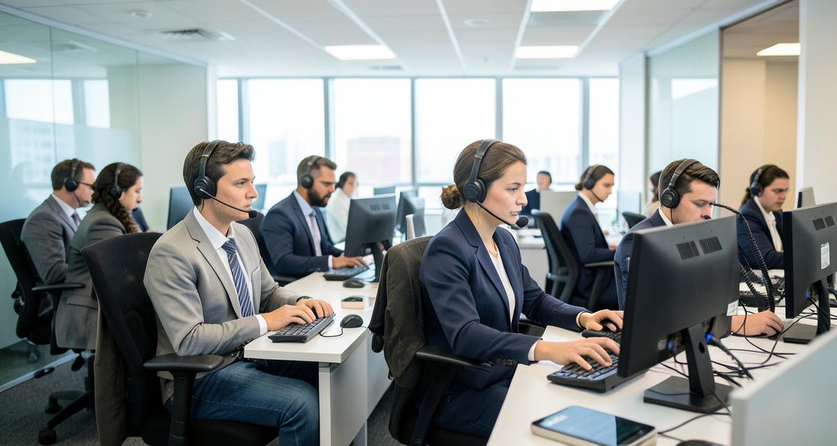 Support agents wearing headsets working in a modern contact centre