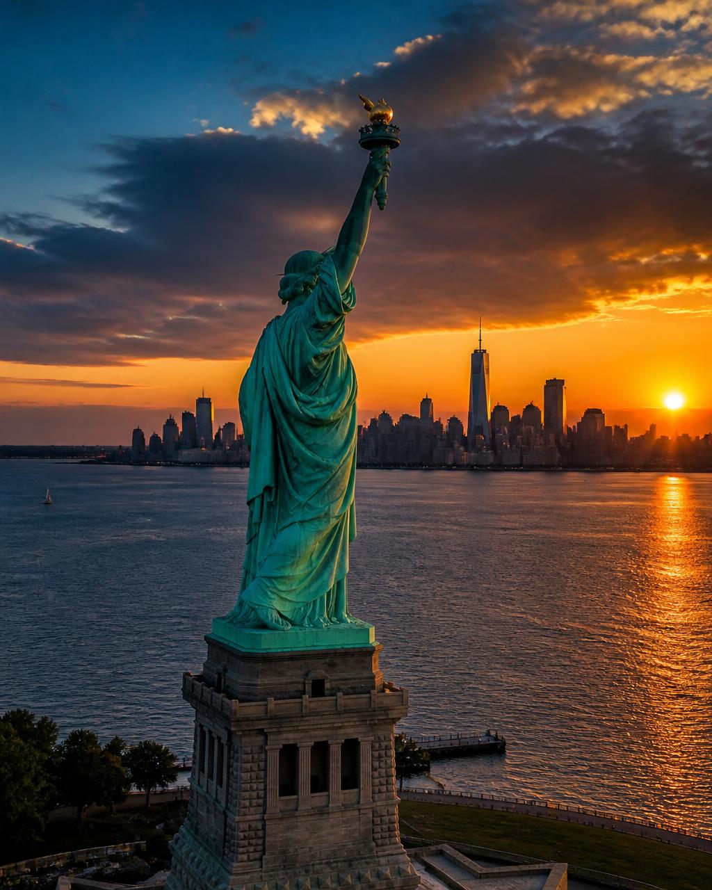 Statue of Liberty and the Manhattan skyline at sunset