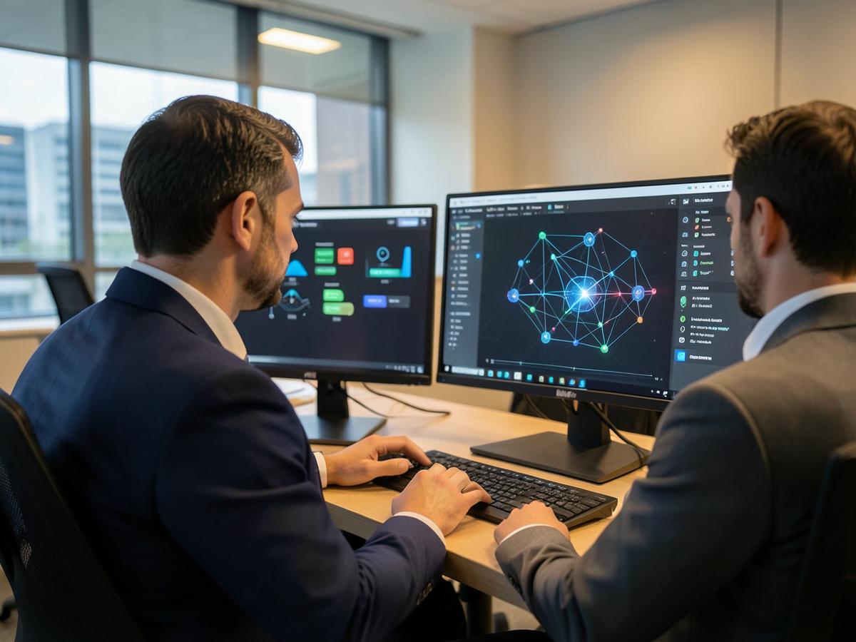 Engineers reviewing a quantum network visualisation on dual monitors
