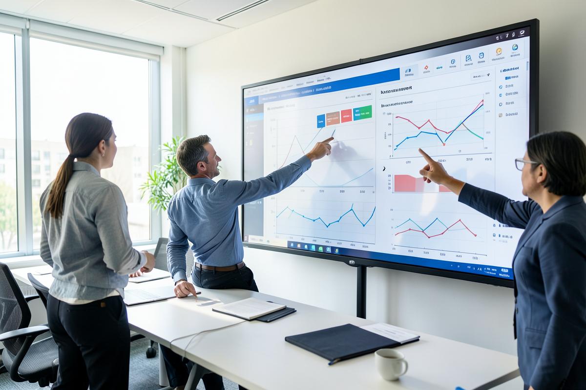 Product team reviewing an AI analytics dashboard on a large display