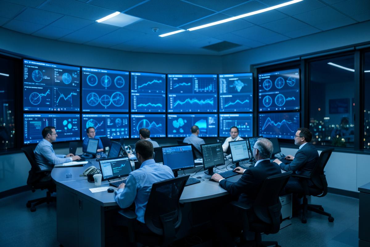 Security analysts monitoring threat dashboards in a 24/7 operations centre